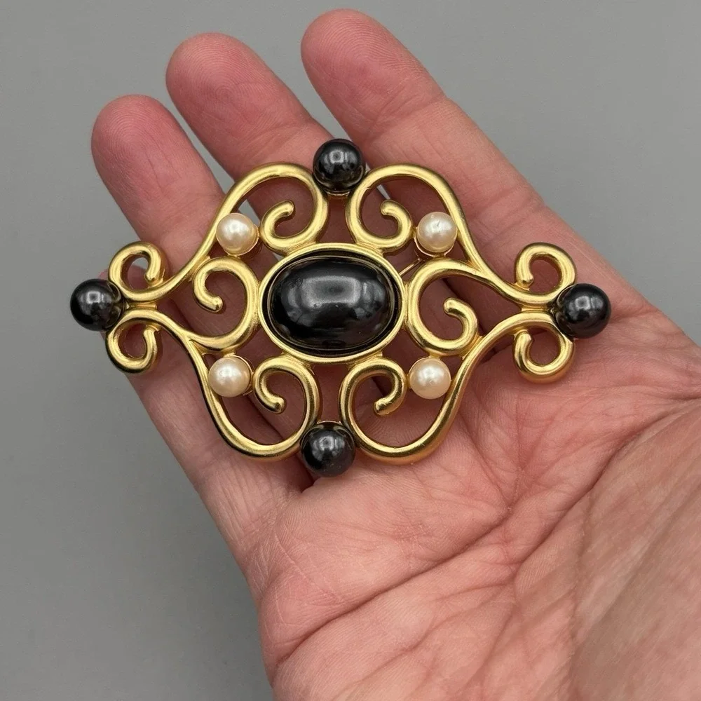 Vintage Monet Pin Brooch Gold Tone Simulated Pearls Scrolls Etruscan Revival